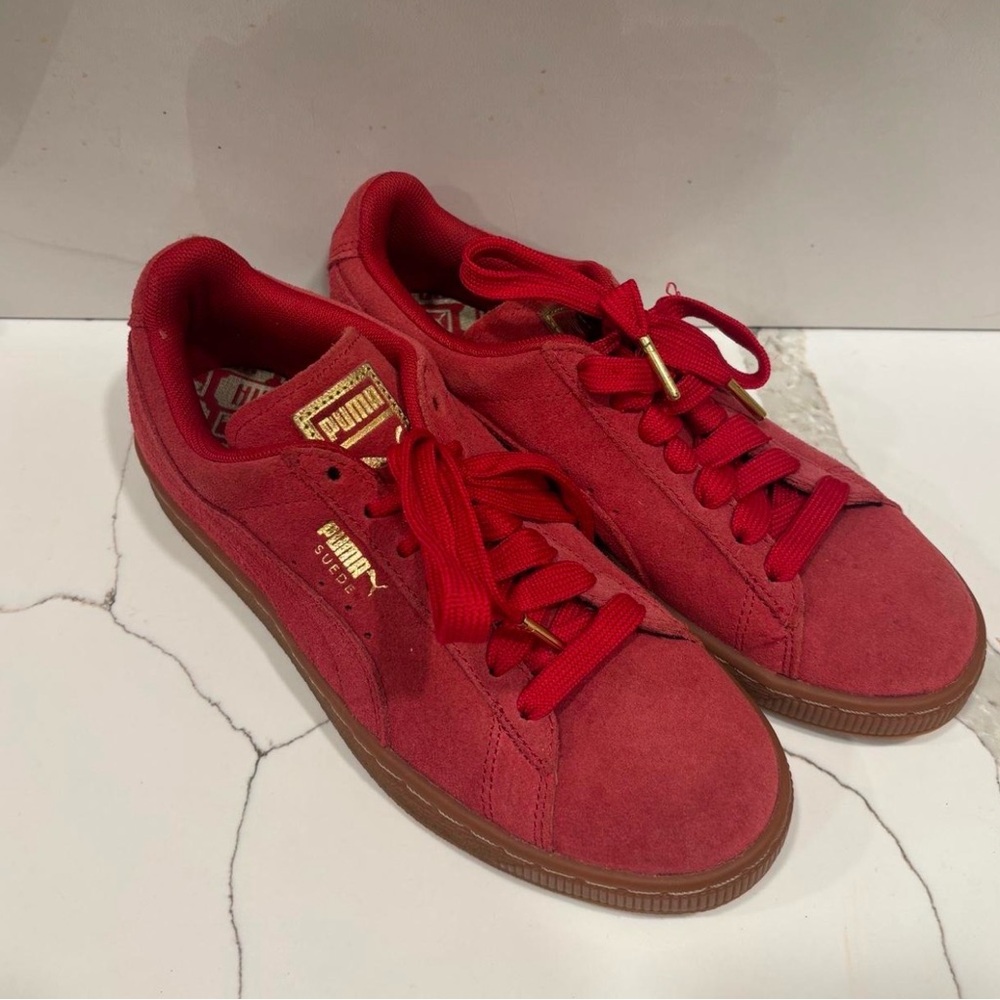 Puma Red Suede Low-Top Sneakers with Gold Accents